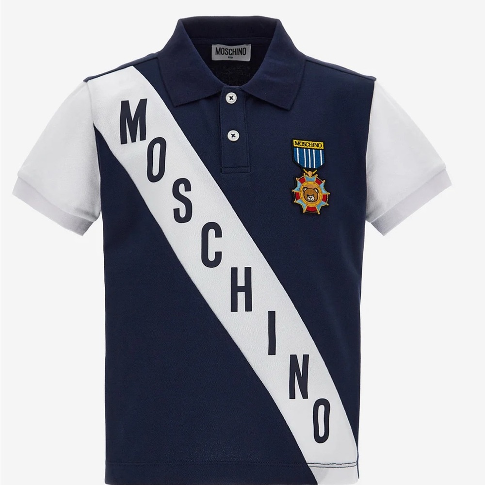 Moschino Navy and White Diagonal Logo Polo Shirt
